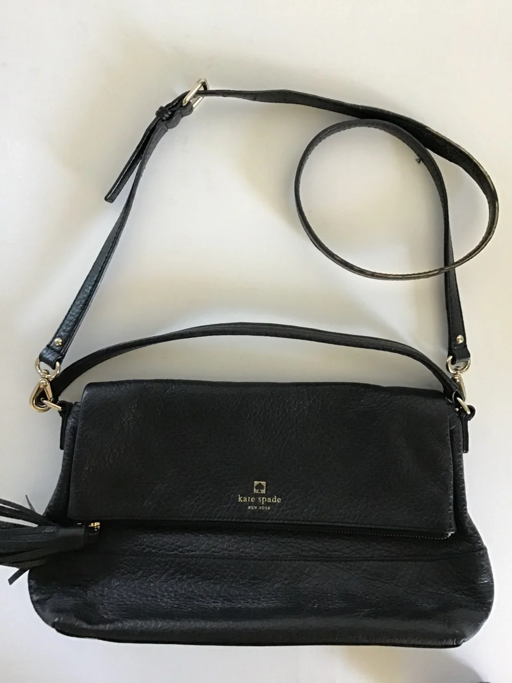 Kate Spade New York Black Pebbled Leather Crossbody Shoulder Bag with Tassel